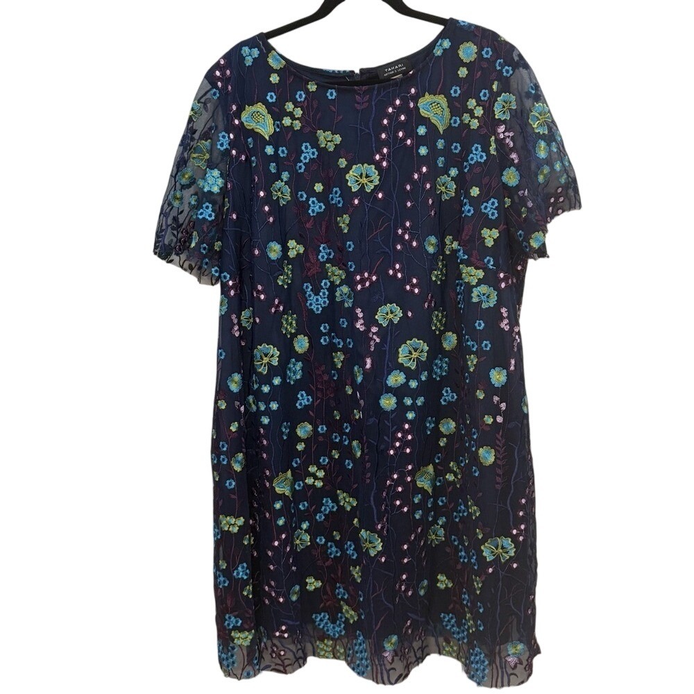 Tahari 22W Embroidered Mesh Shift Dress Navy Floral‎ Whimsical Romantic Boho
